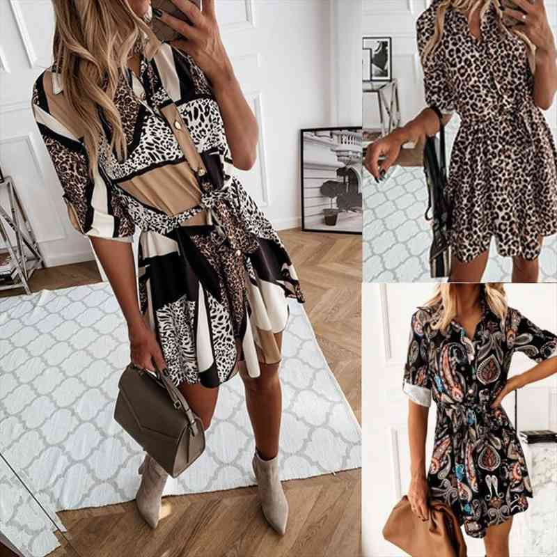 

women autumn turn-down collar leopard patchwork print long sleeve mini dress, Black;gray
