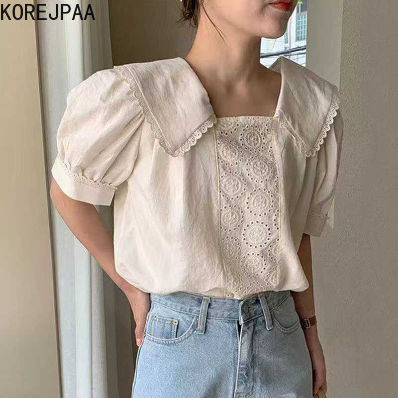 

Korejpaa Women Shirt Summer Korean Gentle Doll Collar Lace Hollow Crochet Stitching Hedging All-Match Puff Sleeve Blouses 210526, Apricot