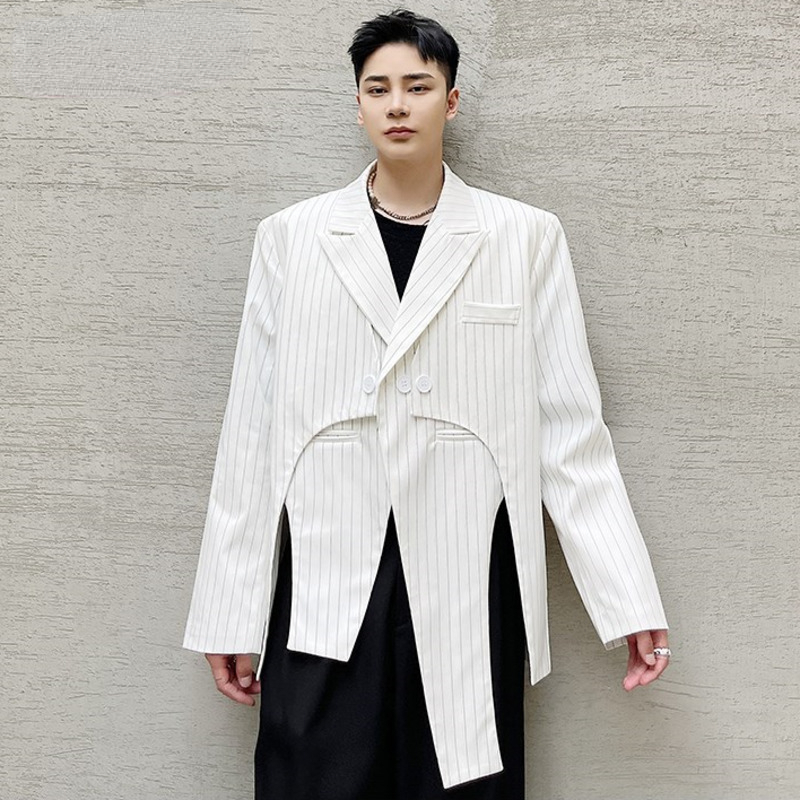 

Tide Fashion Fake Two Pieces Striped Suit Jackets For Men Personalized Design Irregular Blazer White Black Coat 2021