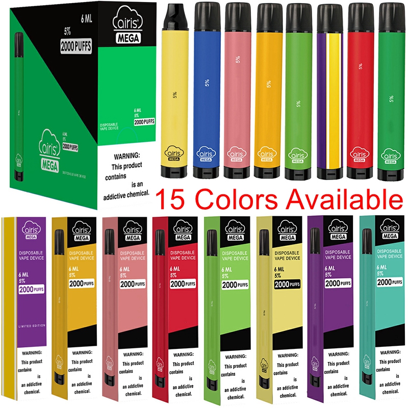 

15 Colors Airis Mega Disposable E Cigarettes 100% Original Prefilled 6ml Device Pods 1050mAh Vape Pens 2000Puffs Starter Kits