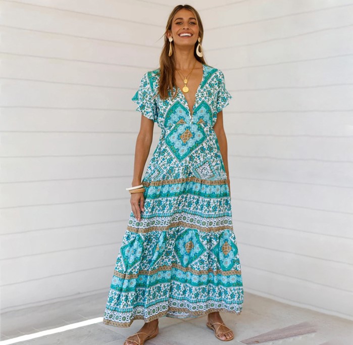 

Sexy Printed Summer Maxi Dress Deep V Neck Short Sleeve Vintage Vestido Beach Boho Casual Clothes Long Women Dresses 2021, Blue