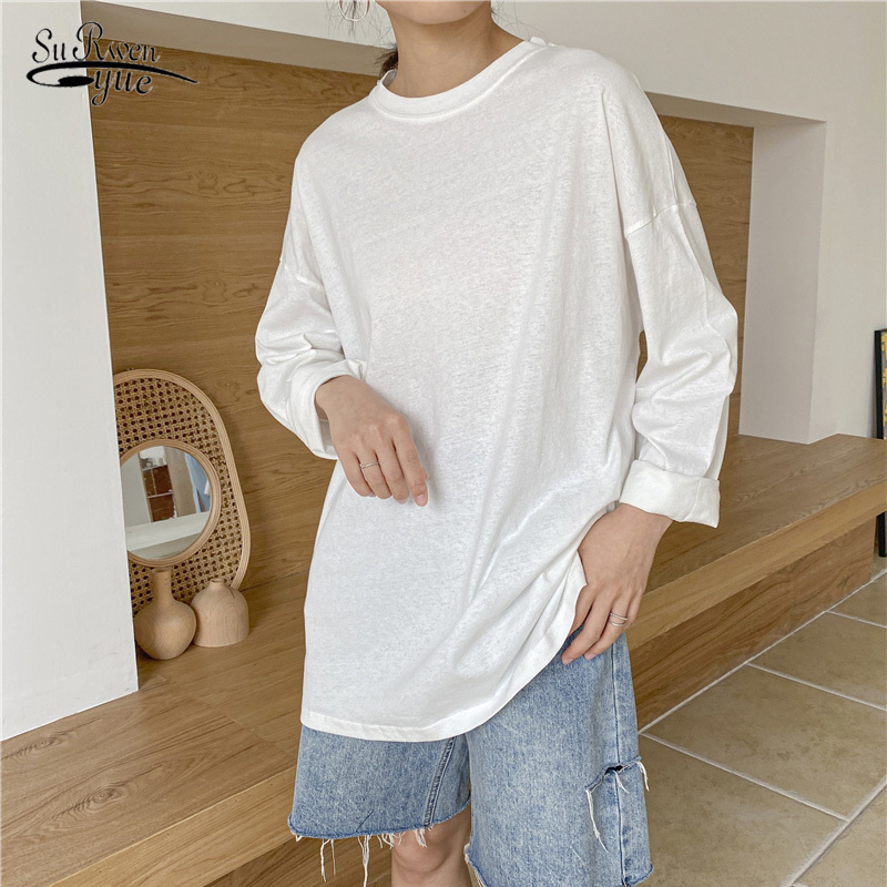 

Women Autumn Loose T-Shirts Solid Bottoming Long Sleeve Casual Korean Style Plus Size White Black Tops Tees 10088 210521, Yellow