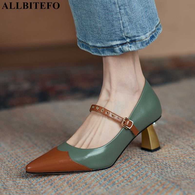 

ALLBITEFO mixed colors natural genuine leather women heels high heel shoes Sheepskin insole party wedding shoes high heels 210611, As picture