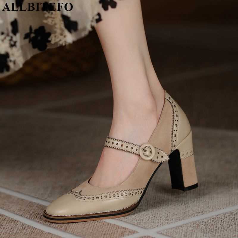 

ALLBITEFO Hollow design soft genuine leather women heels shoes thick heel fashion girls high heel shoes high heels party shoes 210611, As picture