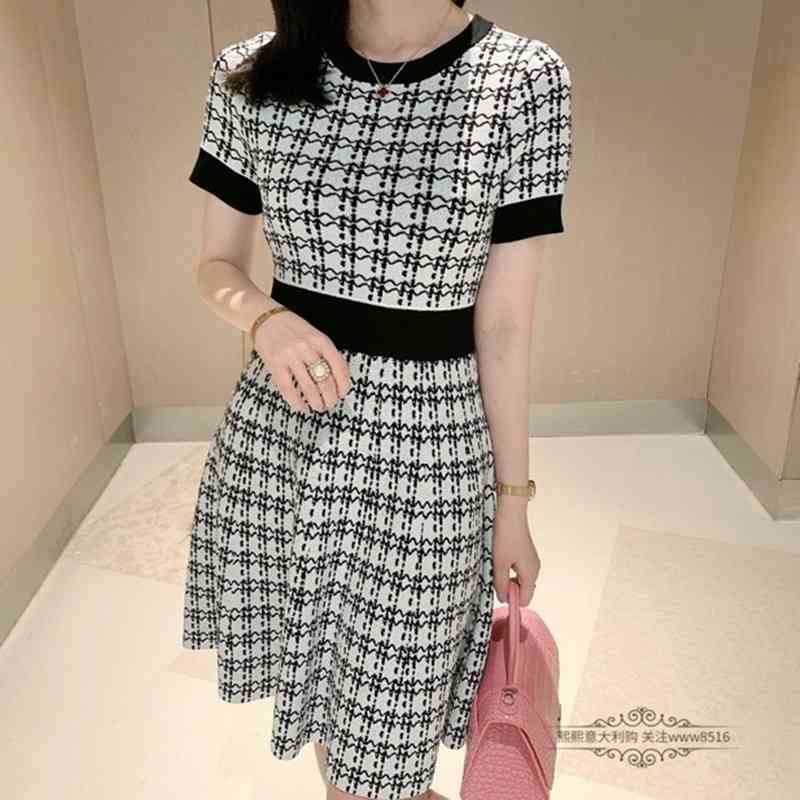 

ZAWFL High Quality Summer Vintage Plaid Knitted Dress Slim Waist Pocket Short Sleeve O-neck Mini 210525, Picture color