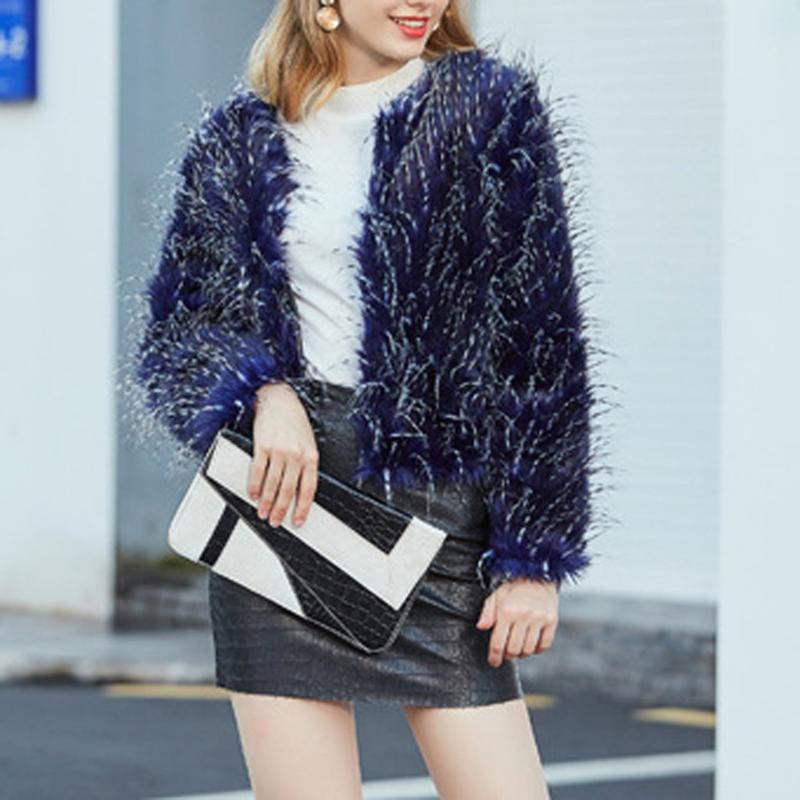 

Women' Fur & Faux Fashion Women Outwear Long Sleeves Coat Warm Winter Plush Jacket Overcoat Teddy Futro Manteau Femme, Blue