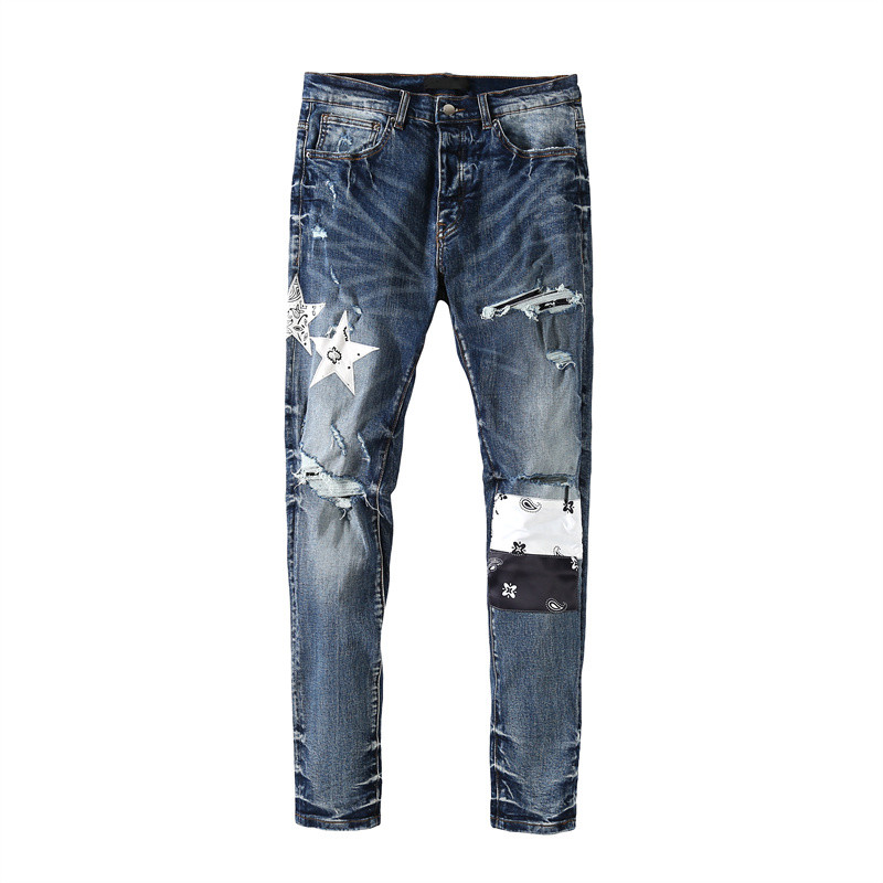 

Mens jeans pasted cloth used washed star embroidery European and American high street leisure slim, Blue