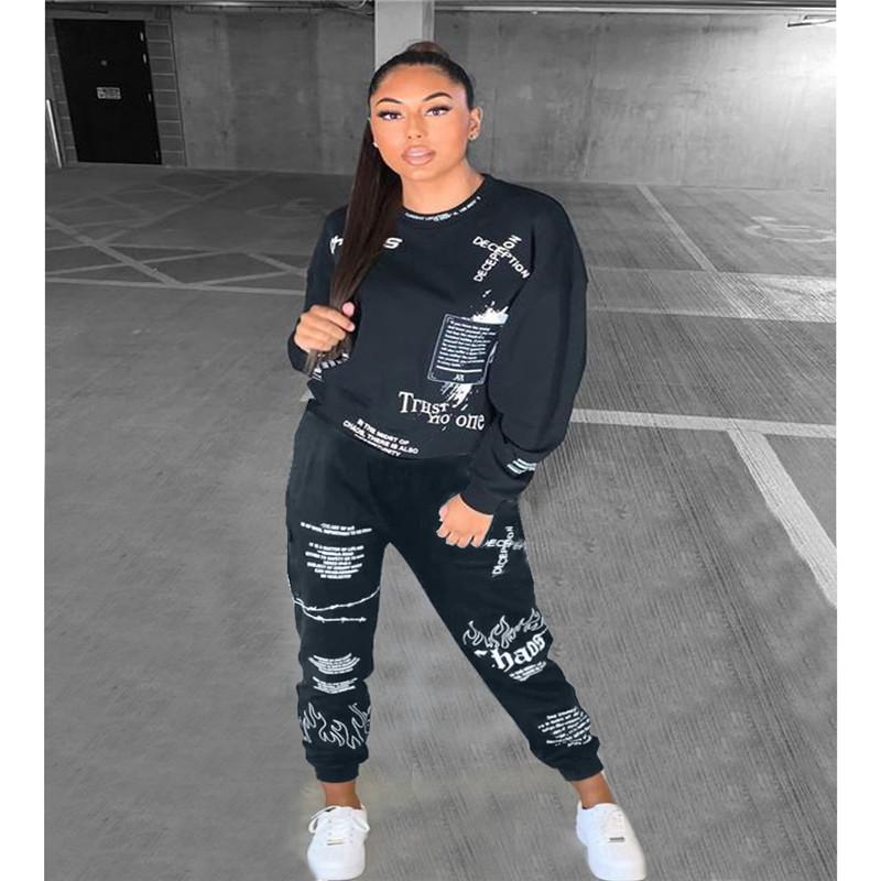 

Women' Two Piece Pants European O Neck Sporty Full Sleeve 2 Pieces Outfits Female Sexy Matching Suits, Black