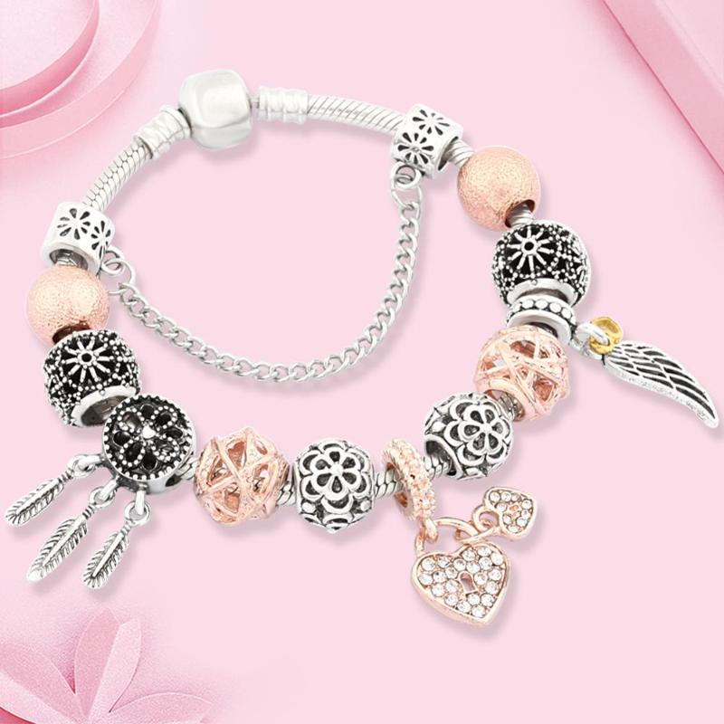

Charm Bracelets Leabyl Arrival Rose Gold Color Ball Heart Pendant Antique Silver Dream Catcher Bead Bracelet, Golden;silver