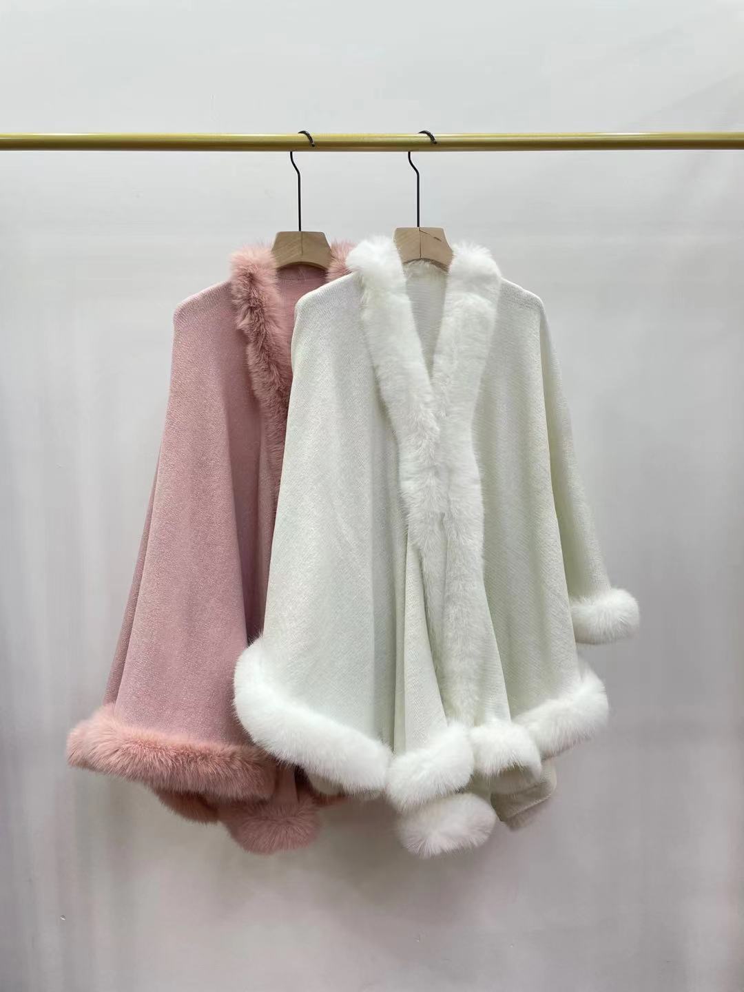

C5493 New Autumn Winter Women's Cloak Faux Fur Piping Cape Knitted Poncho Cardigans Knitwear Lady Shawl Wraps Coat, Beige