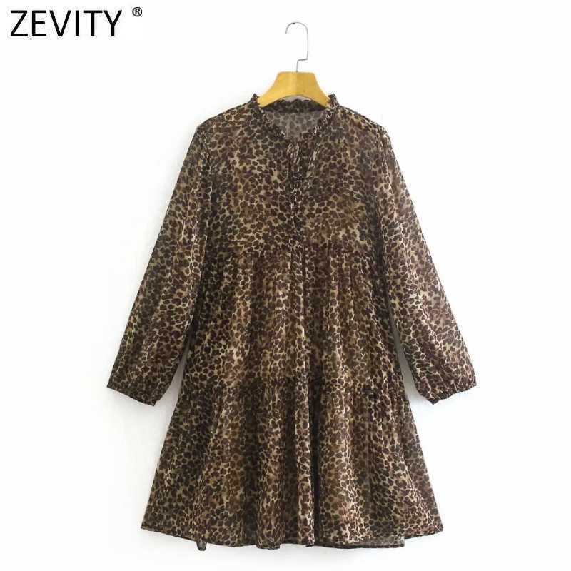 

Zevity Women Vintage Lace Up O Neck Leopard Print Chiffon Mini Shirt Dress Female Chic Pleat Ruffles Casual Party Vestido DS8151 210603, As pic ds8151ld