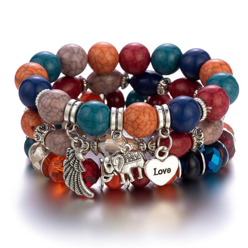 Beaded, Strands Bohemian Beaded Bracelet Set For Women Vintage Elephant Heart LOVE Pendants Bangle-image-708311628