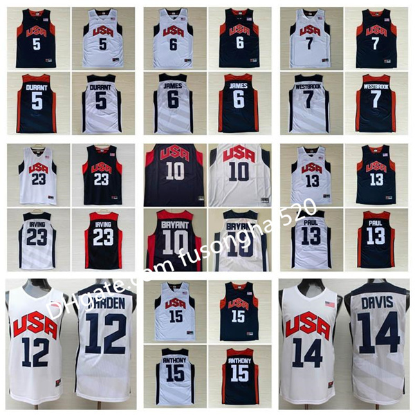 

Mens Basketball 2012 Team USA Jersey Kevin 5 Durant LeBron 6 James 12 Harden Russell 7 Westbrook Chris 13 Paul Deron 8 Williams Anthony 23 Davis, Black;red