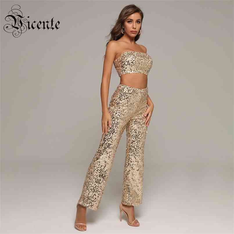 

Tendy Sparkle Gold Sequins Two Pieces Suit Sexy Strapless Celebrity Party Club Crop Tops Pant 210520, Gray