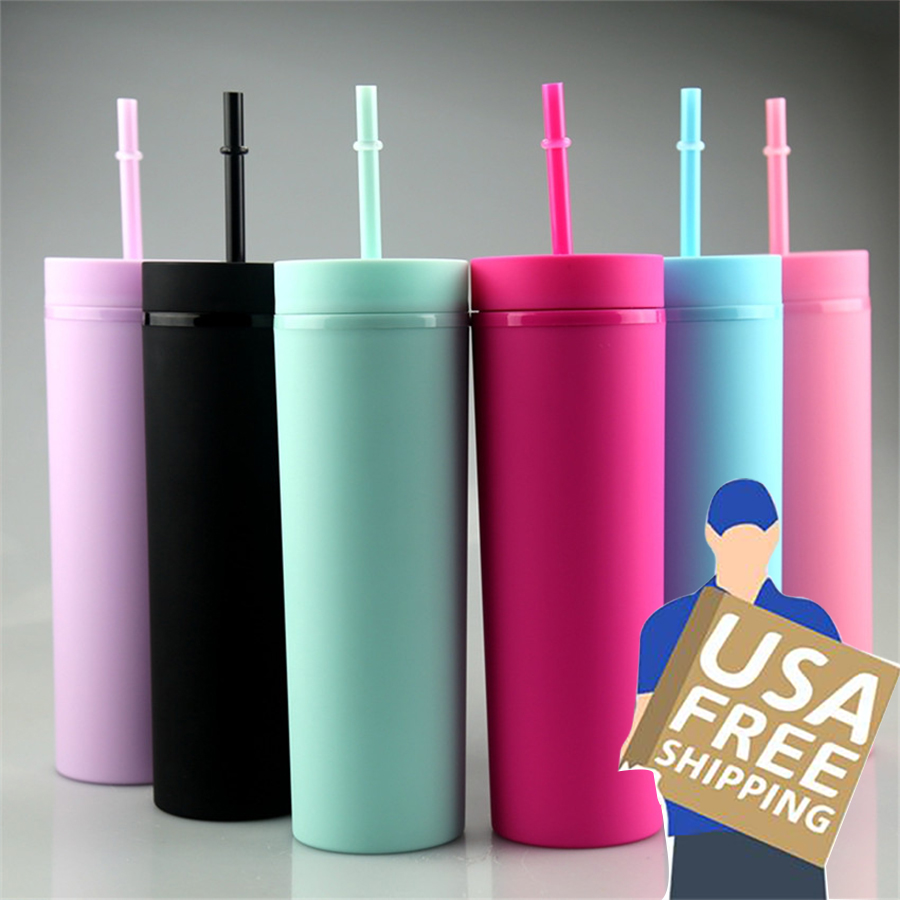 

US warehouse 16oz Skinny Tumbler Matte Colorful Acrylic Mug with same color Lid and Straw Jelly Double Wall Plastic Tumblers Cleaner Reusable Cup in Bulk Wholesale, As picture