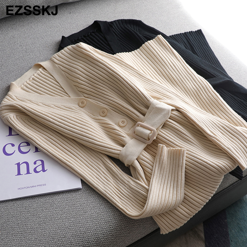 

2021autumn winter knit long dress women casual v neck slim bodycon sweater dresses office lady thick button dress with belt, Black;gray