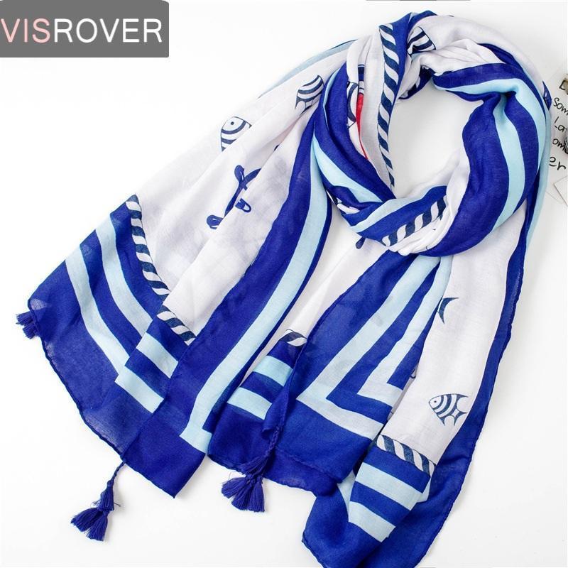 

Scarves VISROVER Lady Beach Dress With Tassel Spring Summer Scarf Women Wrap Silk Shawl Navy Printing Style Blue Hijab1