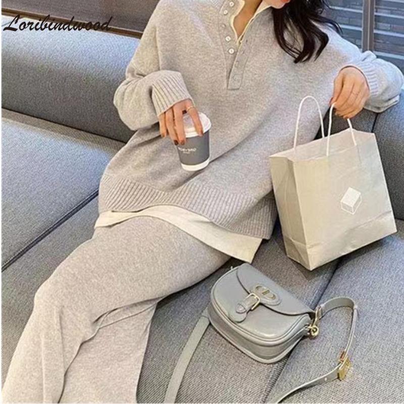 

Women' Two Piece Pants Vintage Chic Style Knitted Sportswear Two-Piece Suit 2021 Autumn And Winter Fashion Loose Sweater Wide-Leg Sets, Gray