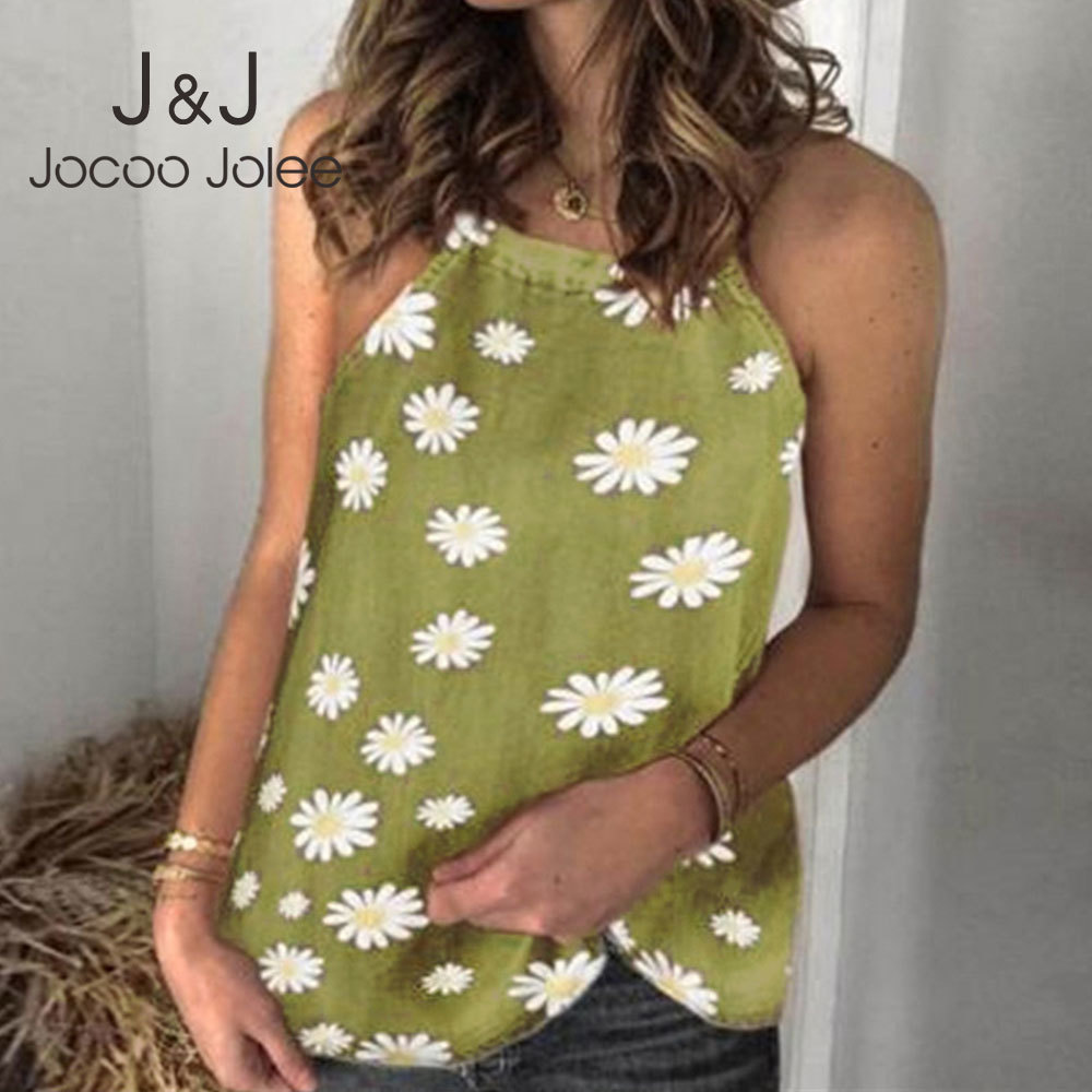 

Jocoo Jolee Elegant Cotton and Linen Off the Shoulder Vests Women Casual Floral Print Halter Neck Tanks Vintage Slim Blouse tops 210518, Khaki