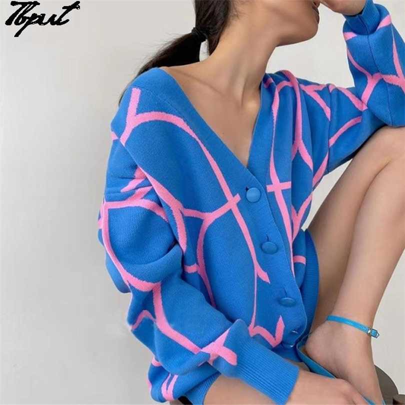 

Women Casual Oversized Cardigan Knitted Sweaters Autumn V-neck Lantern Long Sleeve Single-breasted Printed Knitwear 211018, 01 rose red
