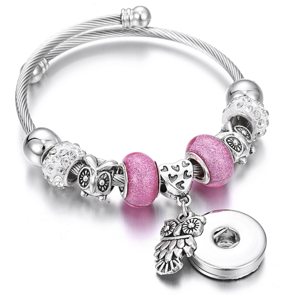 

New Snap Jewelry Bracelets Owl Metal Beaded Snap Bracelet Cuff Bangle Fit 18MM Snap Button Jewelry Beads Making Jewelry
