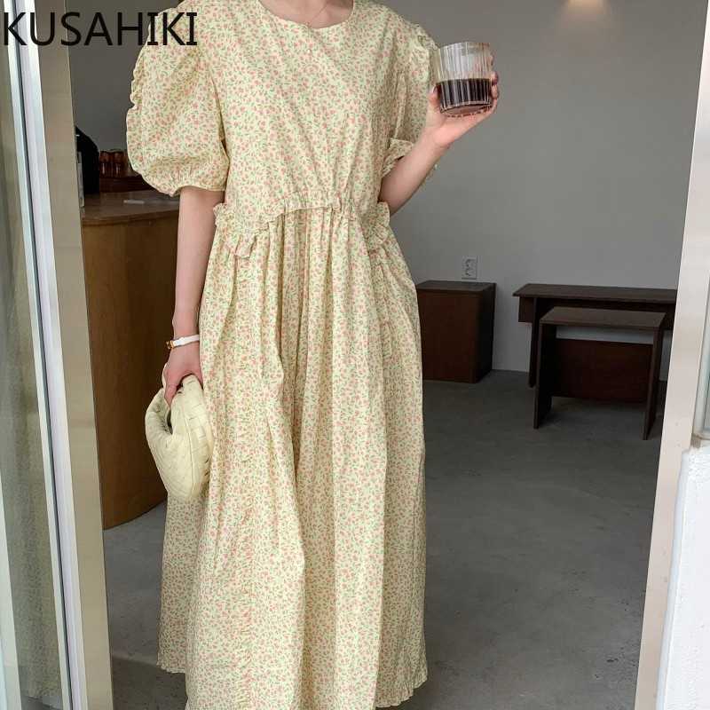 

KUSAHIKI Korean Floral Woman Dress Puff Sleeve O-neck Causal Dresses Summer Ruffle Patchwork High Waist Vestidos 6H708 210602, White