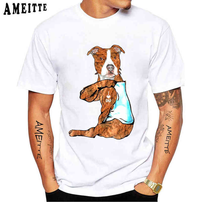 Chien Pitbull J'aime Papa Tatouage Vintage T-Shirt Nouvel Été Hommes À Manches Courtes Hip Hop Garçon Casual Tops Hipster Cool Homme Blanc Tees G