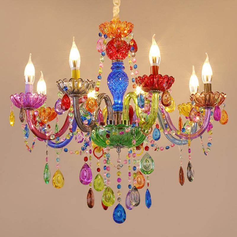 

Chandeliers European Color Children Room Bedroom Lamp Candy Creative Crystal Light El Restaurant Diffuse Coffee Candle Chandelier