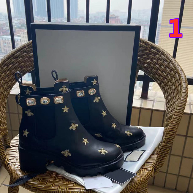 

Large size 35-42 high quality Ladies short boots 100% cowhide Classic Bee women Shoes Leather heeledFashion Diamonds Lady Thick heel Martin