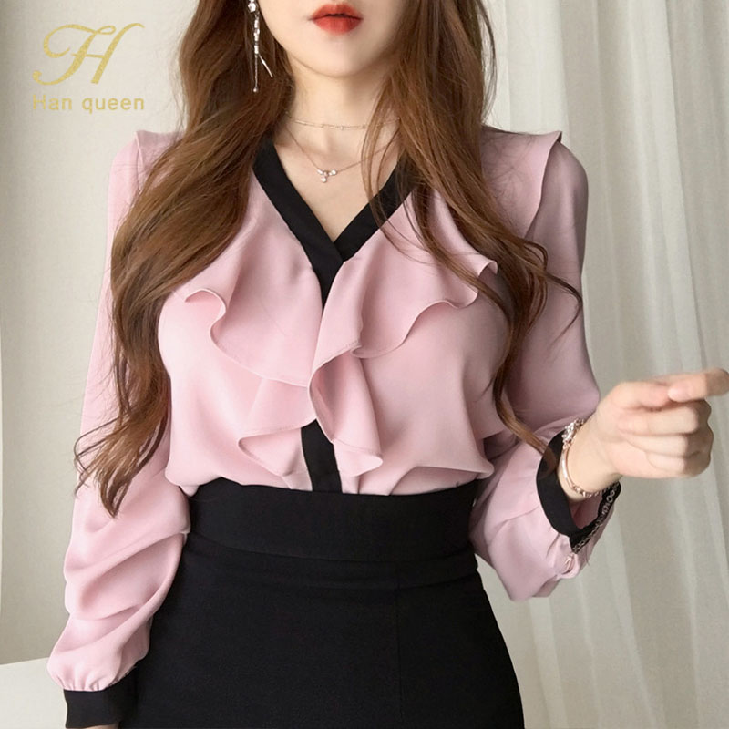 

H Han Queen Autumn Korean Tops Ruffle Chiffon Women Blouses Formal Business Office Blouses Long Sleeve Casual Shirts, Beige