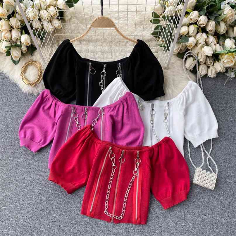 

Women's Knitted Top Summer Fashion Slash Neck Short Sleeve Front Zipper Chains Slim Crop Casual Streetwear Chic T-shirt 210603, Red