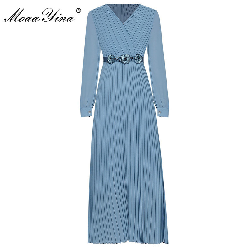 

Fashion dress Spring Women Dress V-neck Split Long sleeve Beaded Belt Pleated Dresses 210524, Beige