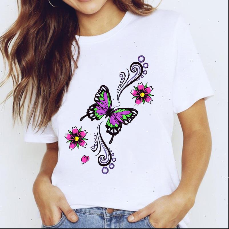 

butterfly lovely trend flower floral women t shirt 90s clothing print graphic tee, White