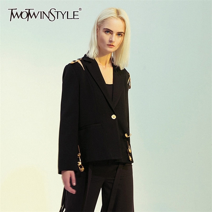 

Casual Patchwork Metal Pin Blazer For Women Notched Long Sleeve Black Blazers Female Spring Clothing 210524