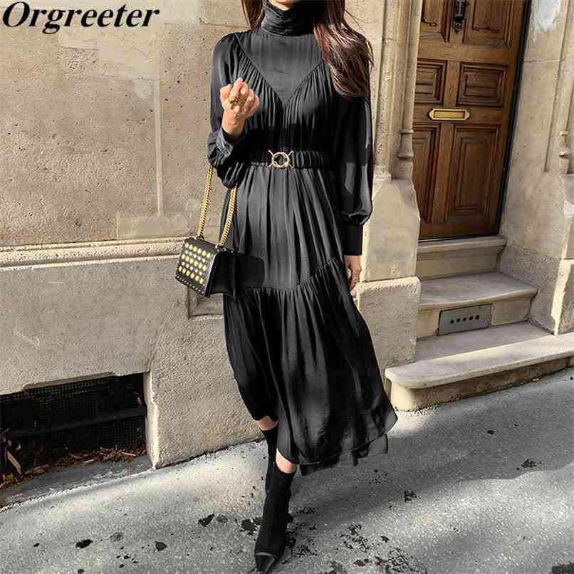 

Elegant Dress For Women Turtleneck Puff Long Sleeve folds Loose Patchwork Party Female High street Fashion Wear 210602, Black