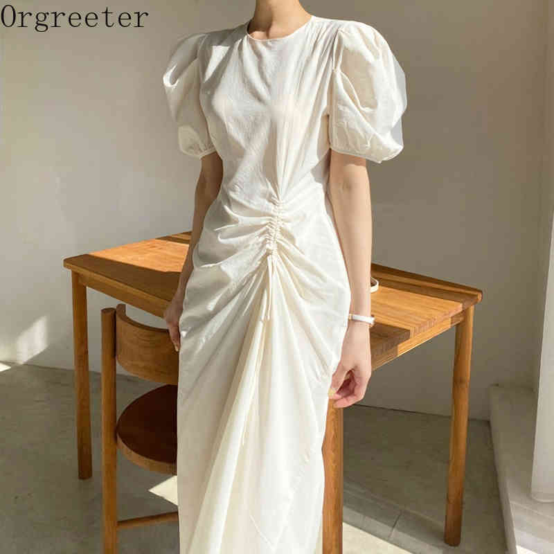 

Summer Minimalism O-neck Drawstring Slim Solid Knee-length White Dress Puff sleeve All-macthing 210525