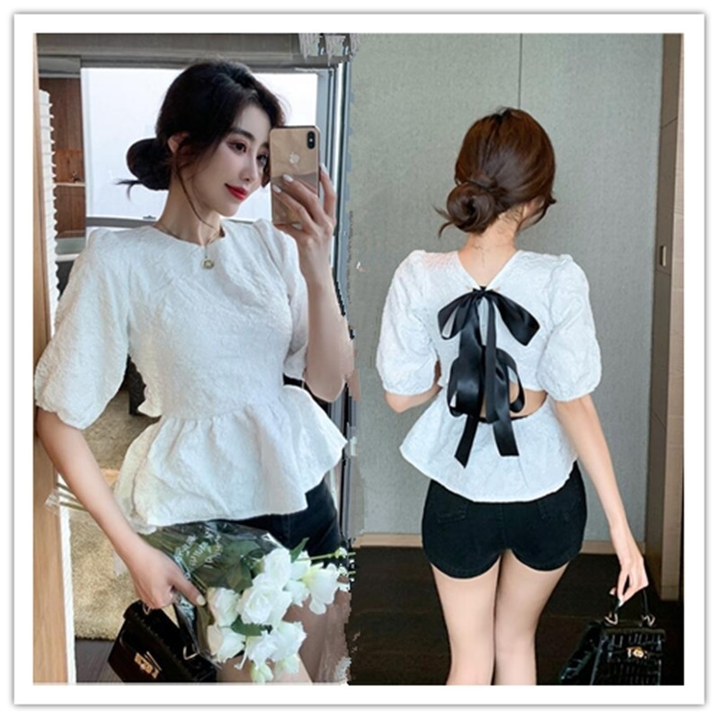 

Spring Summer Chic Backless Bowknot Puff sleeve Jacquard Solid Shirt Blouse Vintage Women's Tops 210525, White