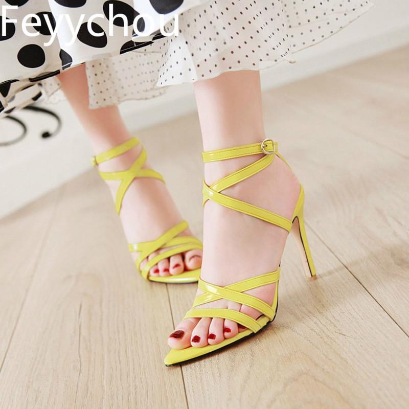 

Women's Sandals Super High Heel Buckle Peep Toe Thin Patent Leather 2021 Sexy Fashion Spring Summer Black Big Size34-48