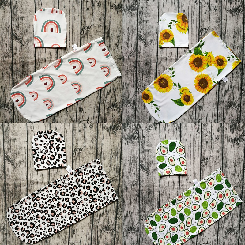 Baby Sleep Bags Swaddle Wrap Blanket Turban Hat 2 pcs Photography INS Toddler Cartoon Leopard Rainbow Flower Print Muslin Sacks Prop-image-679634109