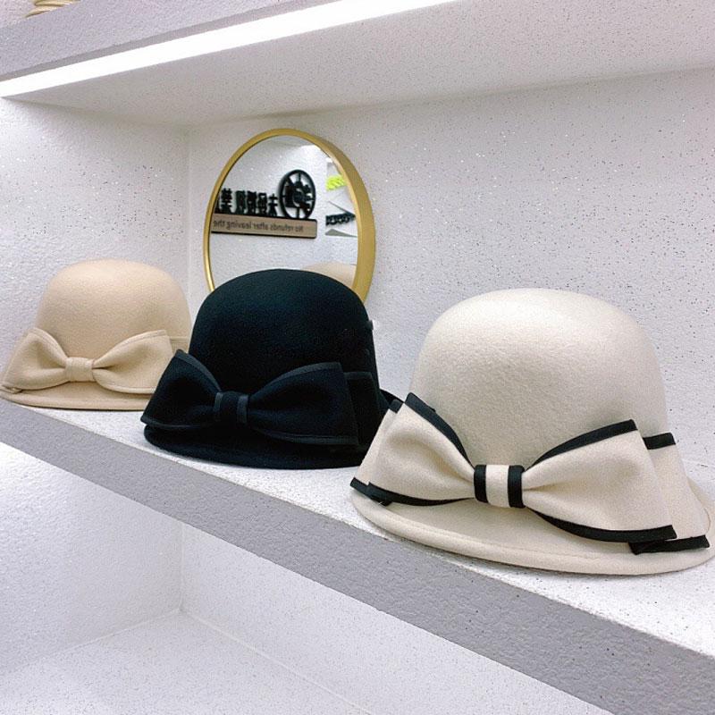 

Stingy Brim Hats 100% Wool Elegant Fedora Hat For Women Winter Wide Top Fashion Bowknot Wedding Basin White Black