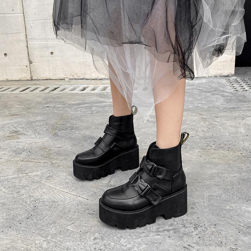 

Boots Wholesale Autumn Ankle For Women Motorcycle Chunky Heels Casual Lacing Round Toe Platform Shoes Female, Black