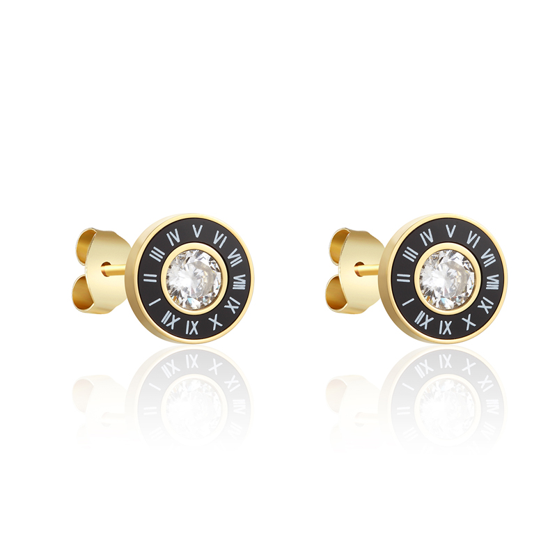 

New Arrival Beautiful Periferia Black Enamel And White Shells Roman Numerals Middle Shiny Crystal Stud Earring For Women And Men
