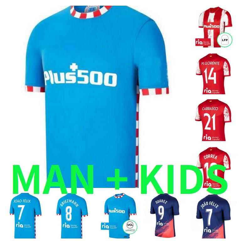 

21 22 Atletico soccer jerseys MADRID JOAO FELIX 75th years 2021 2022 M. LLORENTE KOKE SUAREZ CORREA CARRASCO TRIPPIER men + kids kit camiseta de football shirts