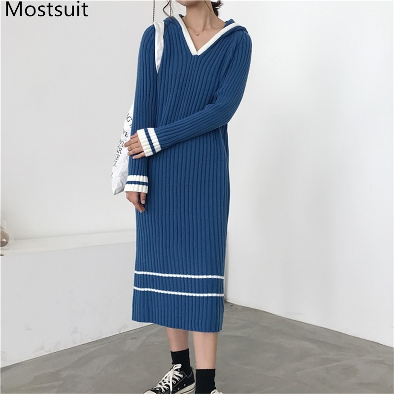 

Hooded Korean Knitted Long Sweater Dress Women Autumn Winter Sleeve Striped Casual Fashion Loose Dresses Vestidos 210518, Coffee
