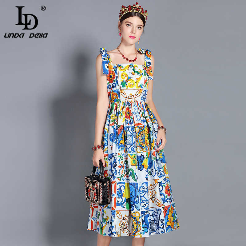 

LD LINDA DELLA Fashion Runway Summer Dres's Bow Spaghetti Strap Gorgeous Floral Print Midi Cotton vestidos 210608, Multi