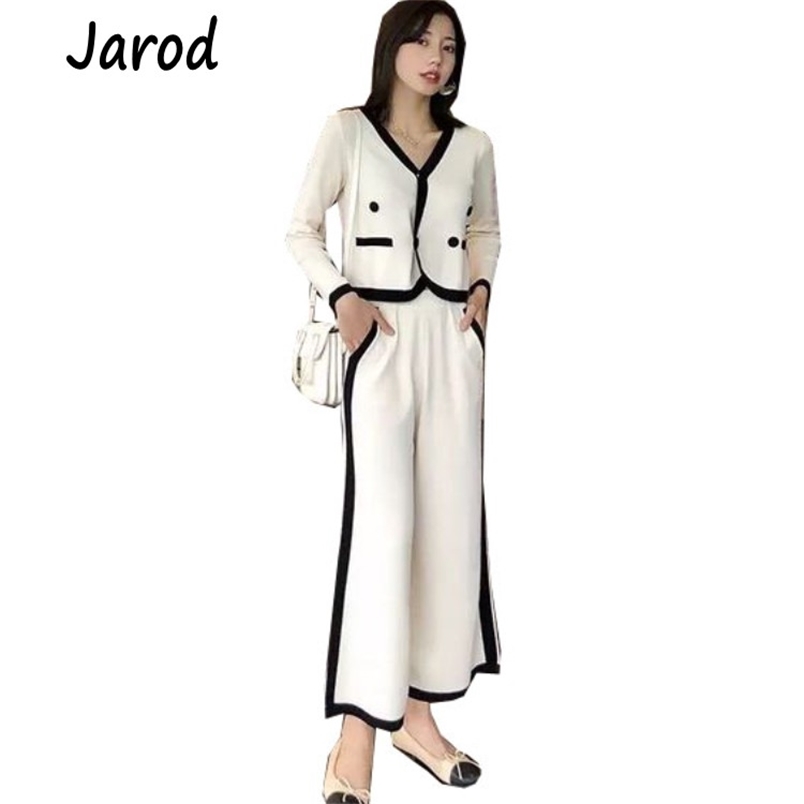 

Women 2 Pieces Set Soild V Neck long Sleeve Shining Knitting Jumper Tops Sweaters+Wide Leg Pants Suits 210519, Picture color