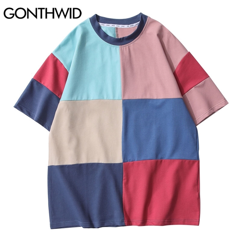 

Tees Shirts Color Block Patchwork Streetwear Tshirts Harajuku Hip Hop Summer Fashion Casual Cotton Loose T-Shirts Tops 210602, Blue