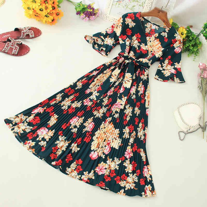 

Women's Spring Summer Ruffle Dress Print High Waist Bandage V Neck Floral Casual Short Sleeve Ladies 210520, Deep blue