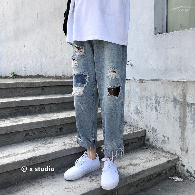 

Men's Jeans Recommend Fabulous Summer Patch Hole Baggy Homme Cargo Pocket Male Casual Pants Light Blue Color Trousers S-2XL