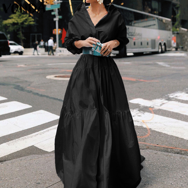 

Shirt Dress 2021 VONDA Women Lantern Sleeve Solid Color Party Dresses Plus Size Bohemian Party Vestidos Femme Beach Sundress, Black